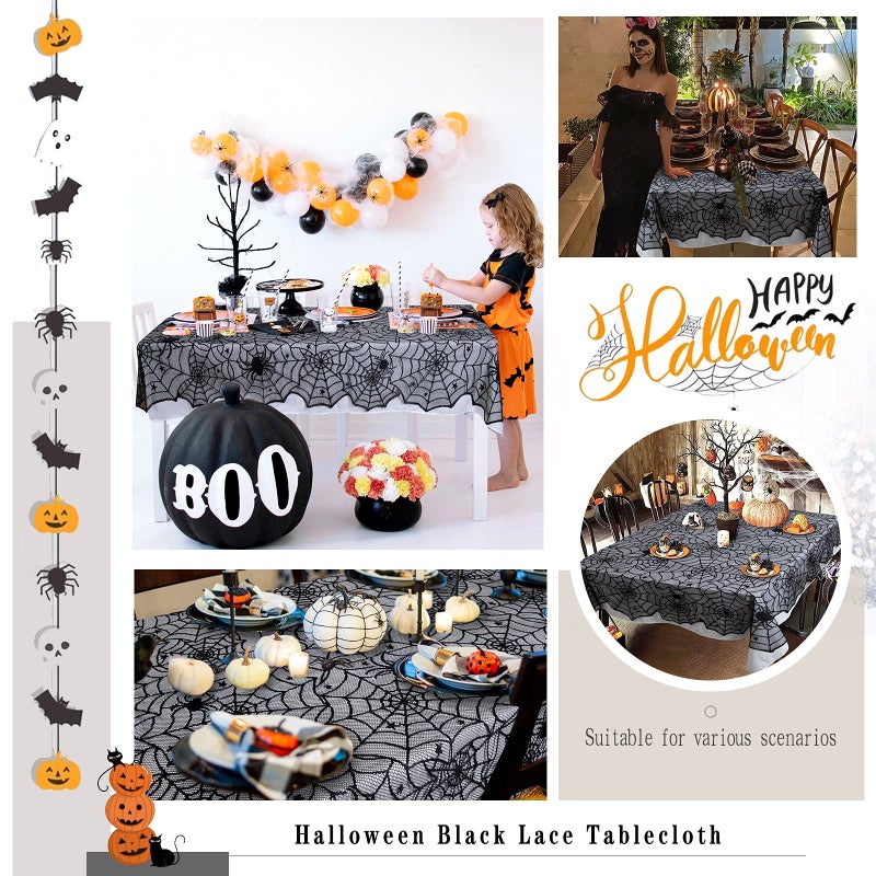 LuoluoHouse Black Lace Tablecloth 54x72 Inch Halloween Tablecloths Spider Cobweb Table Cover for Masquerade Dinner Party Scary Movie Nights Table Decorations - Image 3
